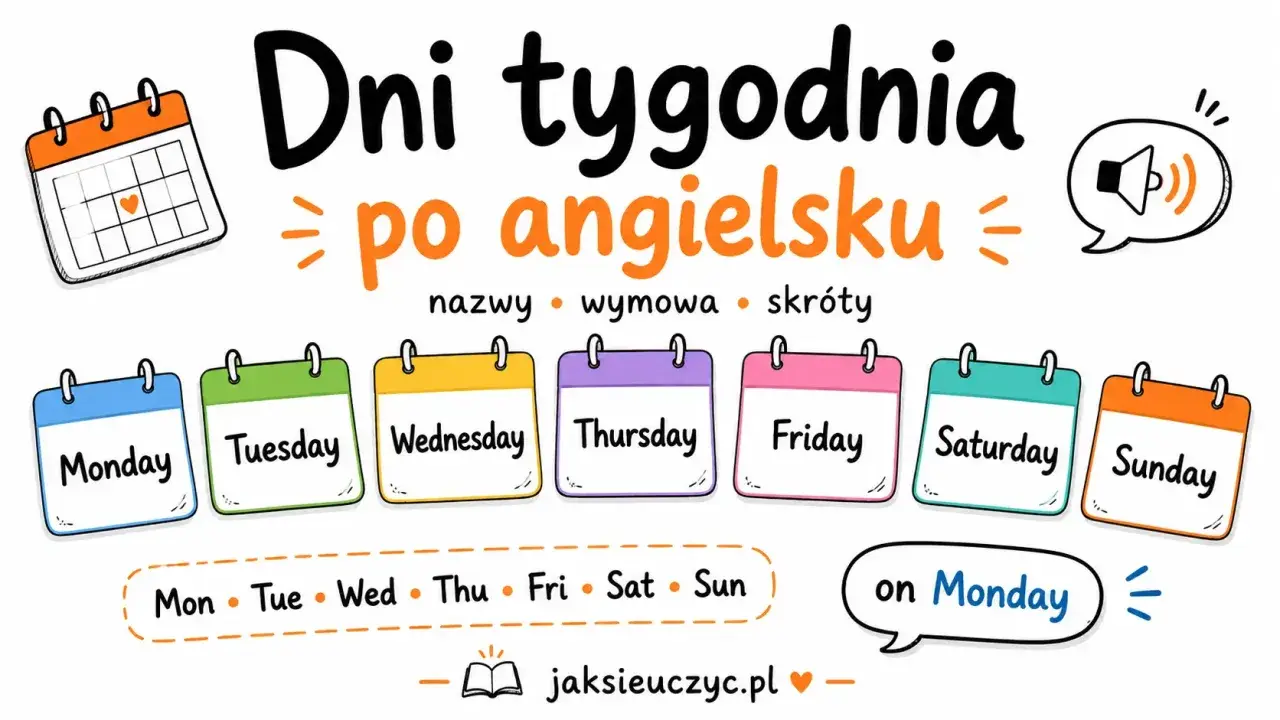 Kolorowe kalendarze z dniami tygodnia po angielsku: Monday, Tuesday, Wednesday, Thursday, Friday, Saturday, Sunday. Pod spodem skróty i przykład "on Monday".