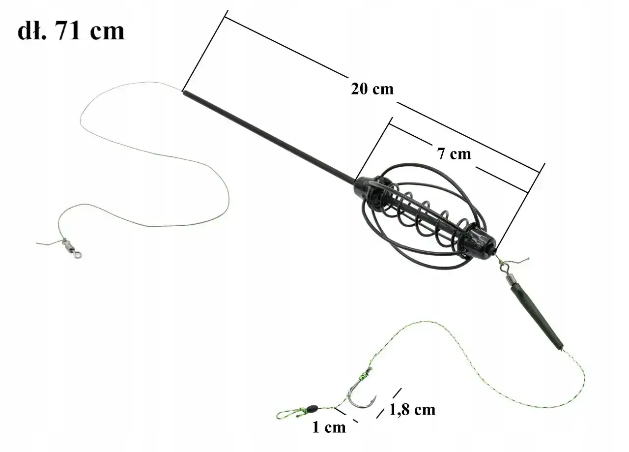Akcesoria do metody feder: koszyczek zanętowy 7 cm, żyłka 71 cm, haczyk 1,8 cm.