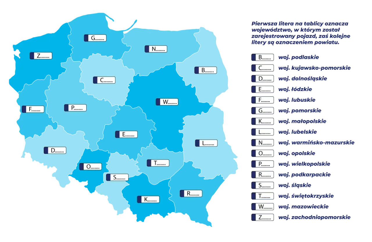 Mapa Polski z zaznaczonymi województwami i literami, które są skrótem tablic rejestracyjnych.