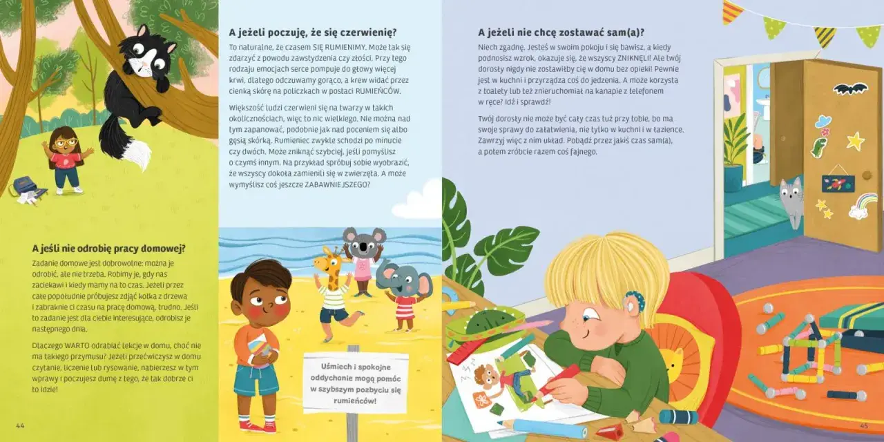Ilustracja z książki dla 5 latka: dzieci bawią się z pluszakami, chłopiec rysuje, kot zagląda przez drzwi.