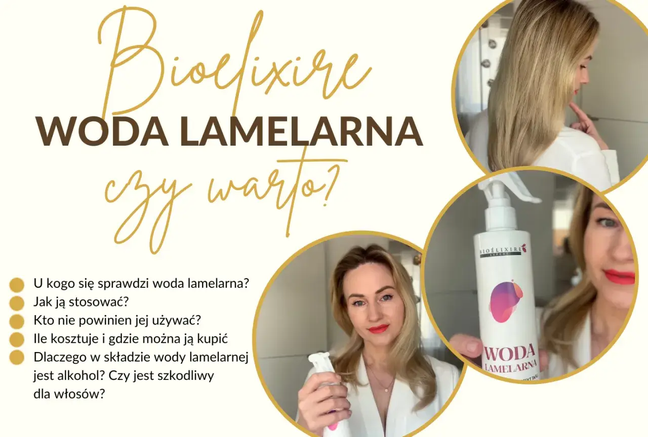 Woda lamelarna Bioélixire: poznaj jej efekty, zastosowanie i skład. Kobieta prezentuje produkt i odpowiada na pytania dotyczące pielęgnacji włosów.