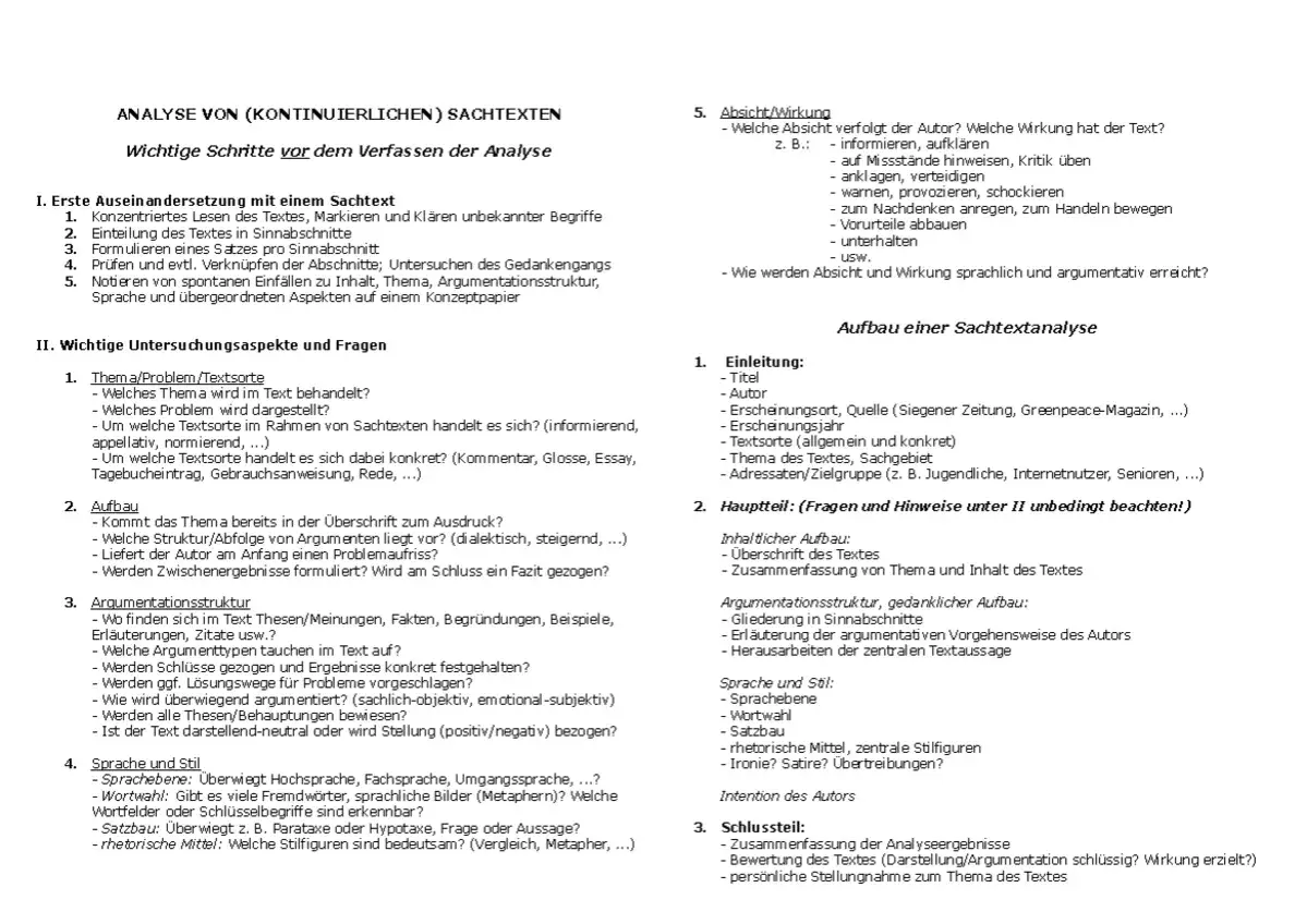 Übersicht zur **Analyse eines pragmatischen Textes**: Wichtige Schritte, Untersuchungsaspekte und Fragen zur Struktur, Argumentation, Sprache und Stil.