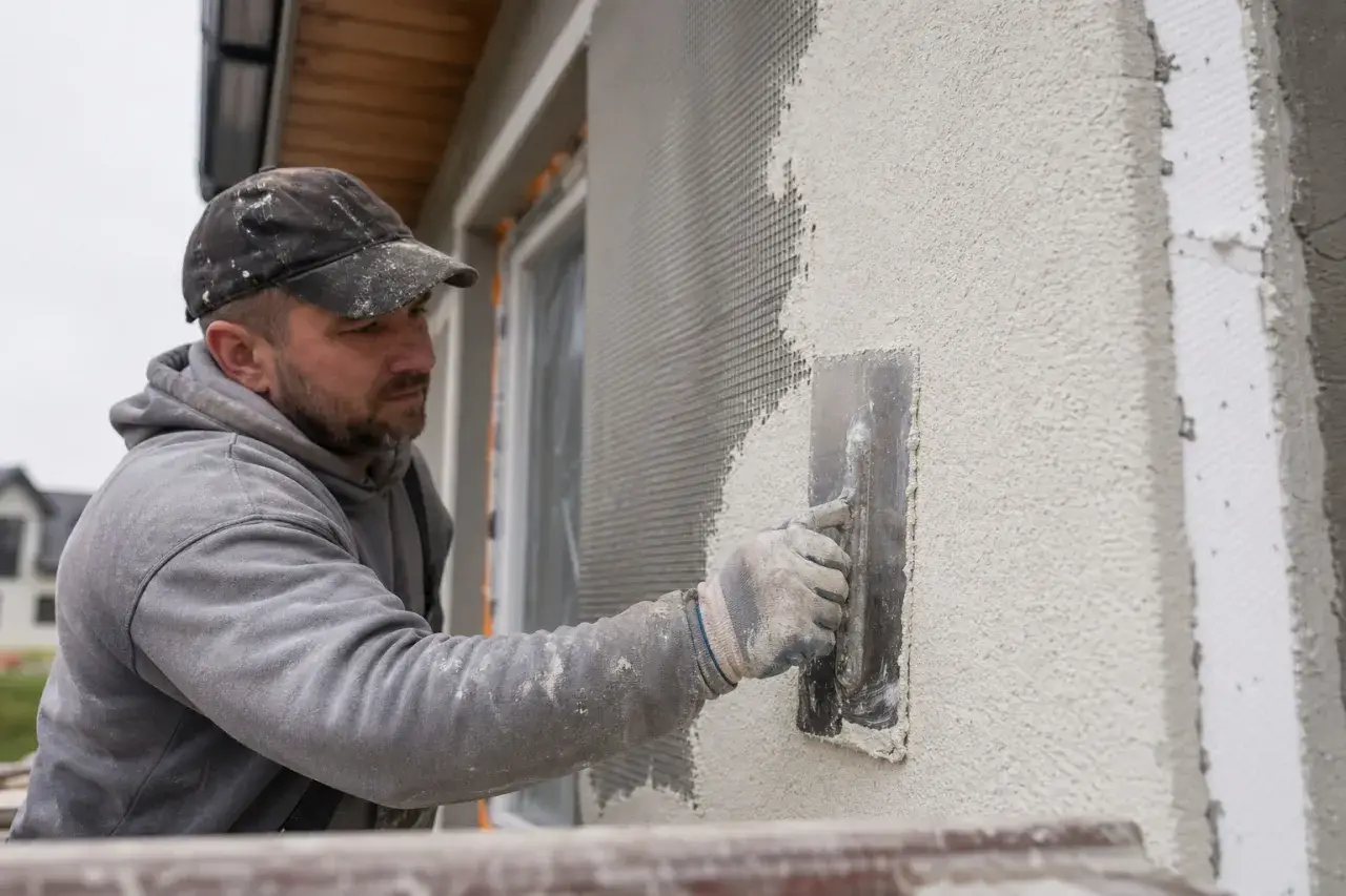 Budowlaniec nakłada tynk silikatowo silikonowy na elewację, używając kielni. Siatka zbrojeniowa jest widoczna pod świeżą warstwą.