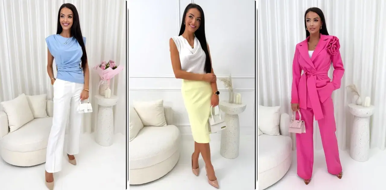 Eleganckie stylizacje na moda wiosna 2026: błękitny top z białymi spodniami, biała bluzka z żółtą spódnicą, różowy garnitur.