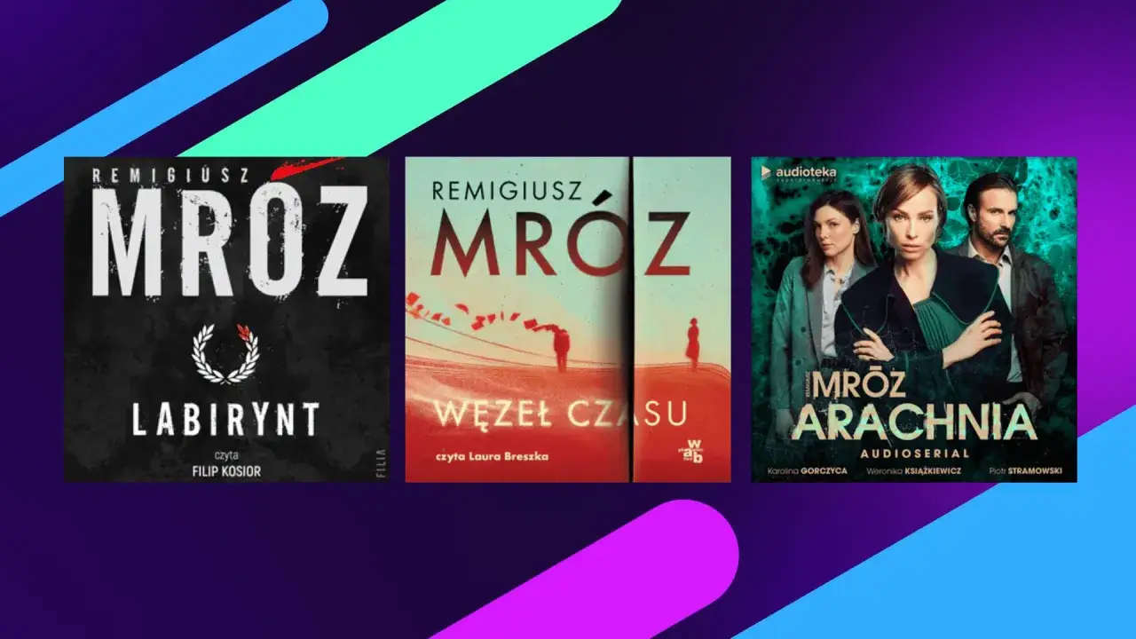 Okładki książek i audiobooków Remigiusza Mroza: "Labirynt", "Węzeł czasu" i "Arachnia". Czy to najlepsza książka Mroza?