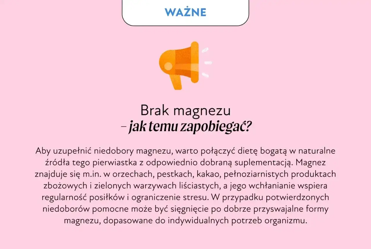 Grafika informuje o tym, jak zapobiegać brakowi magnezu. Wskazuje na dietę bogatą w orzechy, kakao i warzywa.