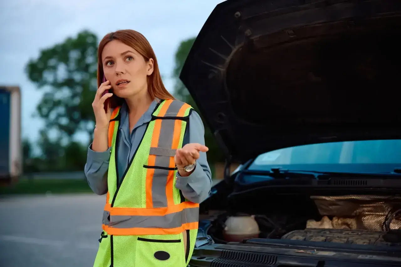 Kobieta w kamizelce odblaskowej rozmawia przez telefon przy otwartej masce samochodu. Jej rozbiegany diesel odmówił posłuszeństwa.