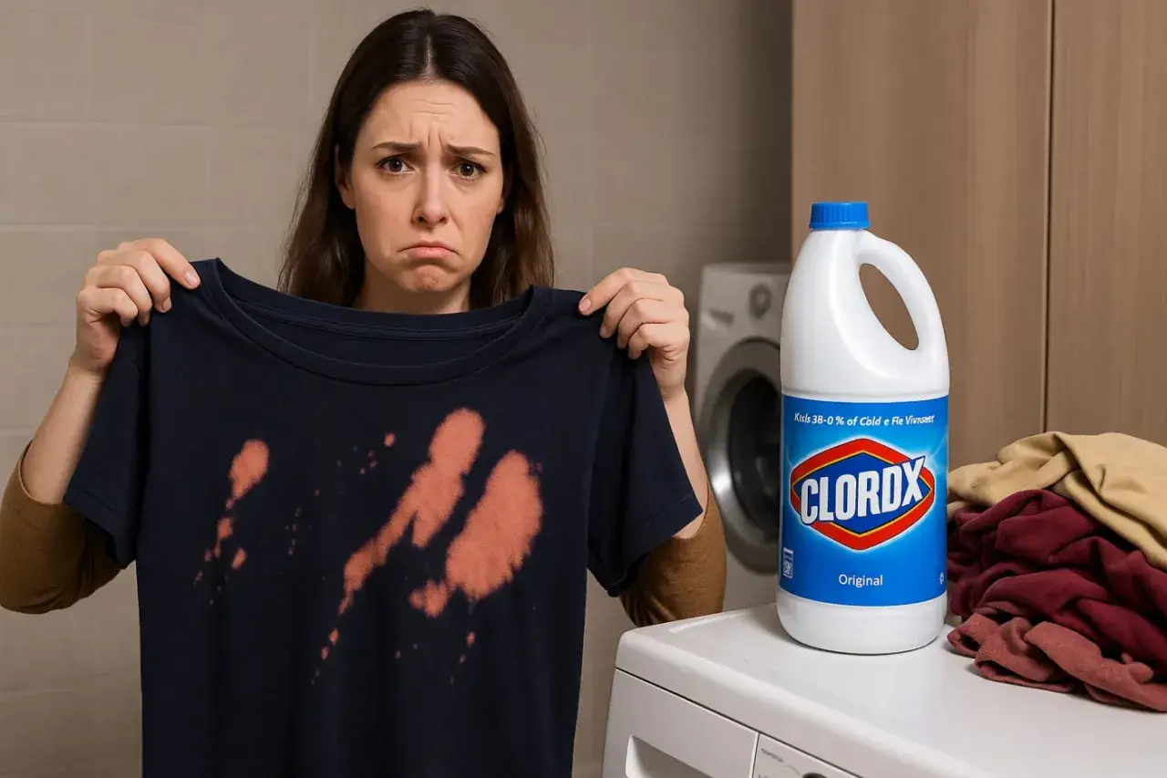 Smutna kobieta pokazuje ciemną koszulkę z pomarańczowymi plamami po wybielaczu. Obok butelka wybielacza Clorox i stos ubrań.
