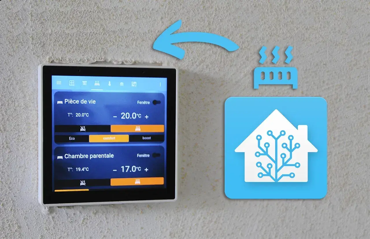 Écran tactile de domotique affichant les températures et modes de chauffage. Icône de maison connectée symbolisant le protocole domotique.