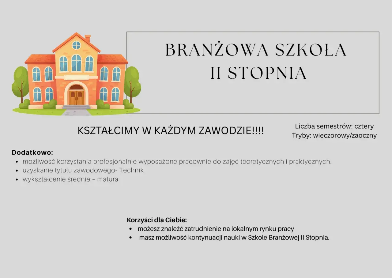 Szkoła Branżowa II Stopnia kształci w zawodach, oferując praktyczne pracownie i możliwość zdobycia tytułu technika.