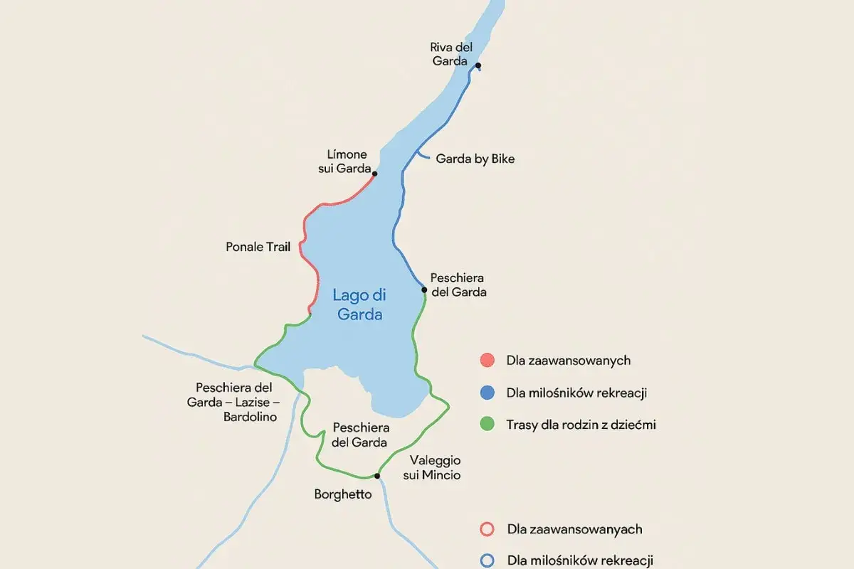 Mapa tras rowerowych wokół jeziora Garda. Różne kolory oznaczają trasy dla zaawansowanych, rekreacyjne i rodzinne.