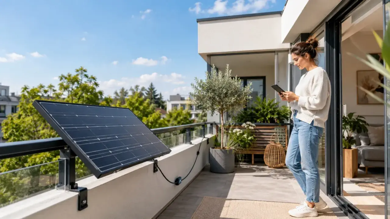 Une femme consulte sa tablette sur un balcon, à côté d'un panneau solaire plug and play installé sur la rambarde.