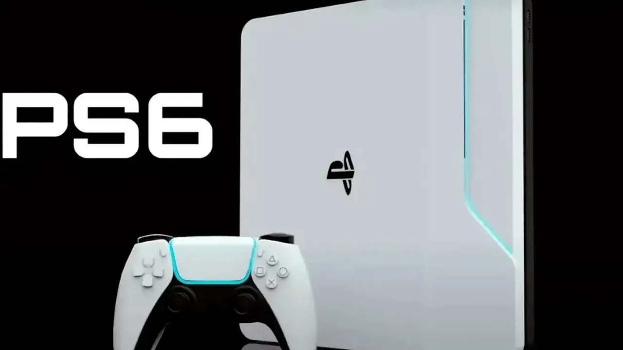 Consola PlayStation 6 blanca con mando y logo de PlayStation.