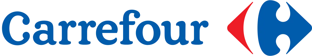 Logo Carrefour z niebieskim napisem i charakterystycznym symbolem strzałki w kolorach czerwonym i niebieskim.