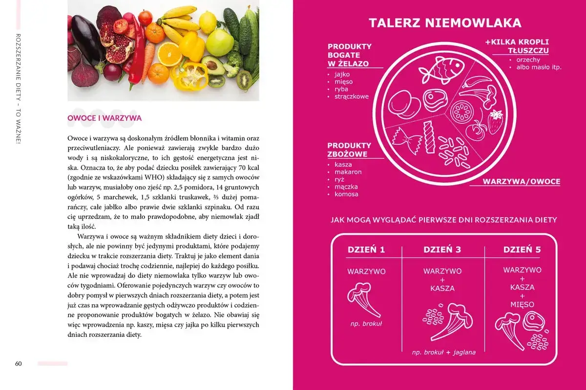 Rozszerzanie diety niemowlaka: talerz z warzywami, owocami, produktami zbożowymi i bogatymi w żelazo. Przykładowe posiłki na pierwsze dni.