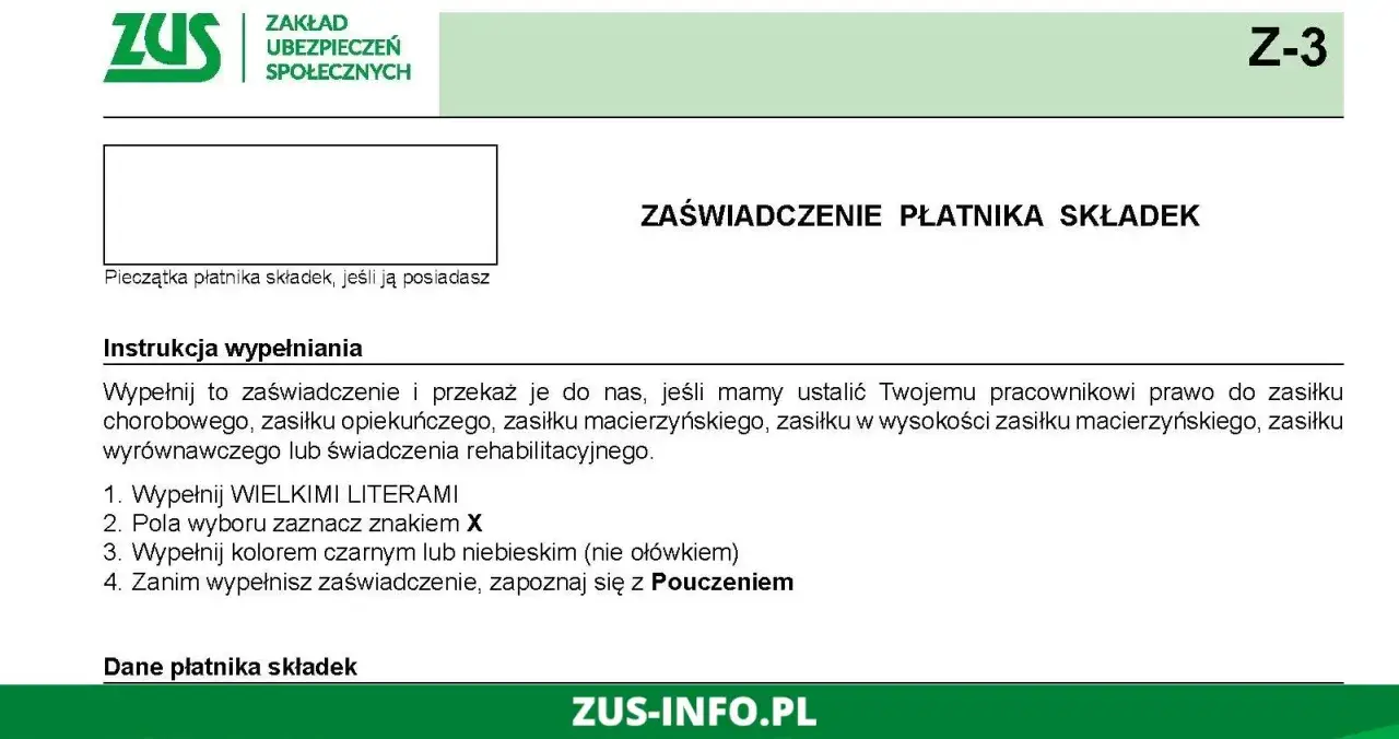 Zaświadczenie Z-3 ZUS dla pracodawcy, instrukcja wypełniania.