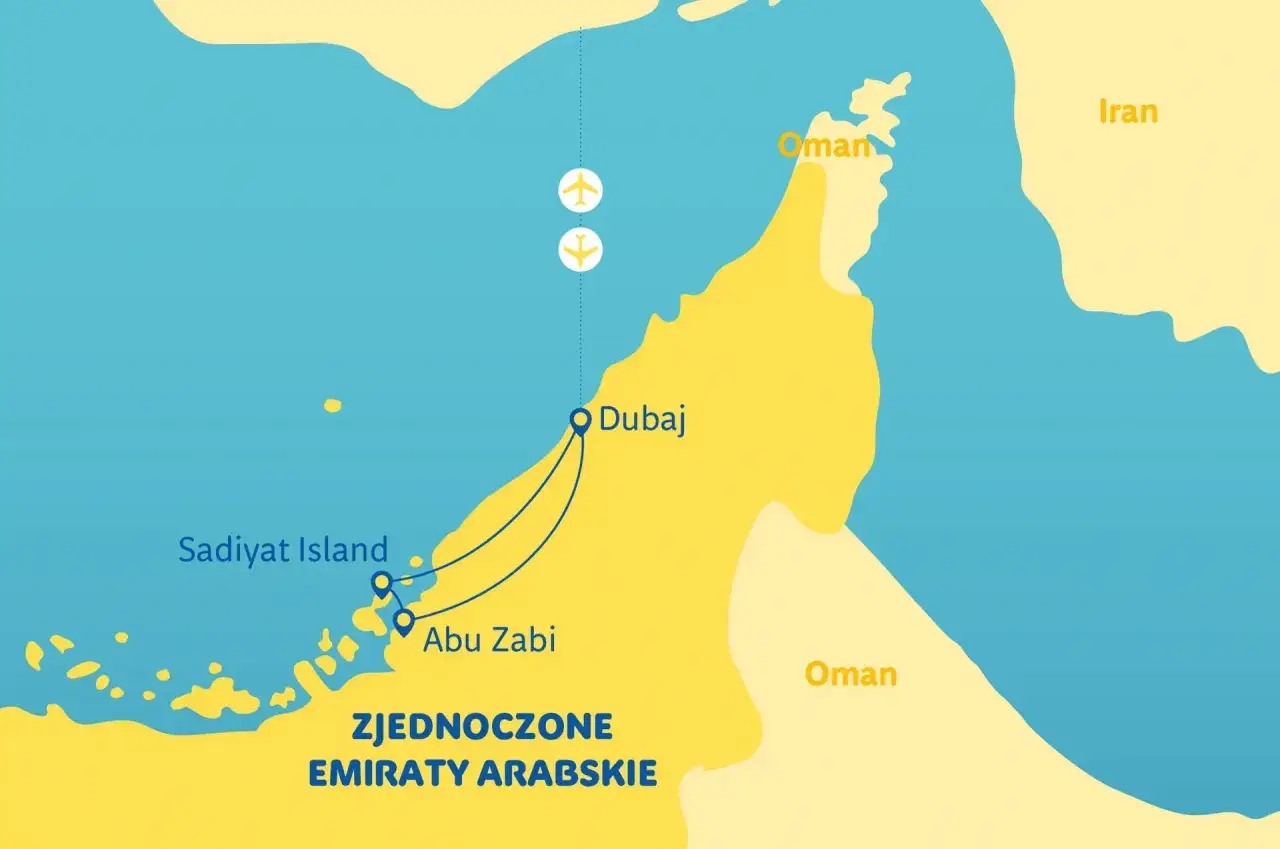 Mapa pokazuje Zjednoczone Emiraty Arabskie, gdzie leży Dubaj, obok Omanu i Iranu.