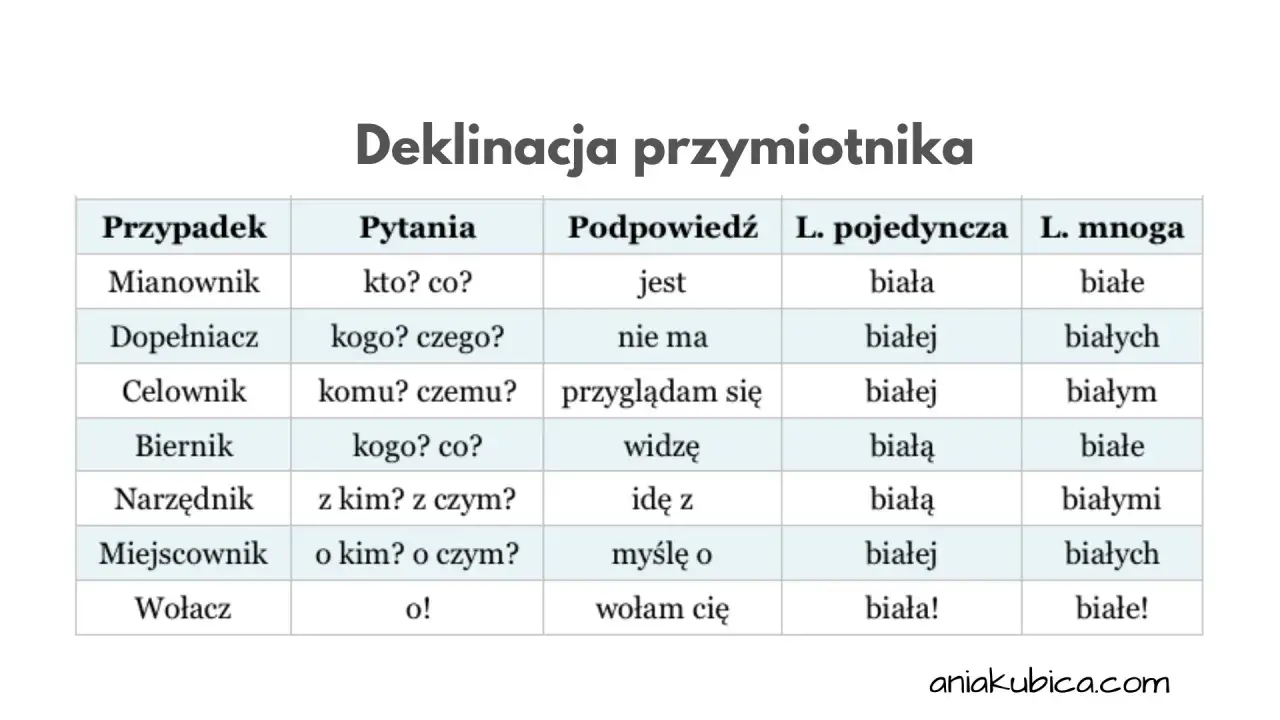 Tabela pokazuje odmianę przymiotnika "biały" przez przypadki, pytania, podpowiedzi i liczby.