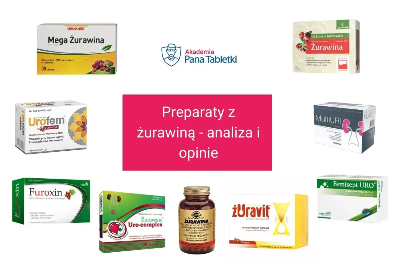 Preparaty z żurawiną na pęcherz: Mega Żurawina, Urofem, Furoxin, Żuravit i inne.