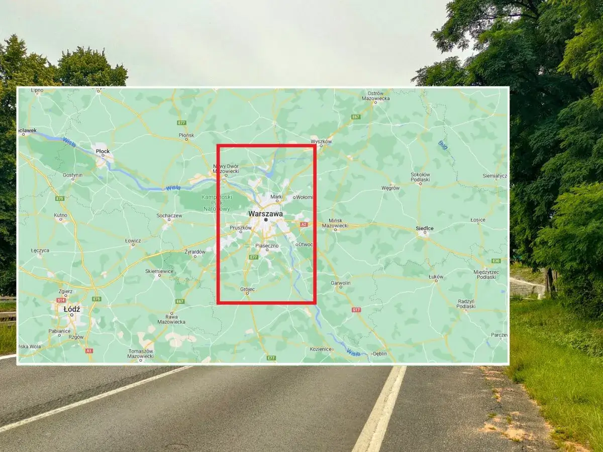 Mapa drogowa z zaznaczoną Warszawą i okolicami, w tym drogą S79.