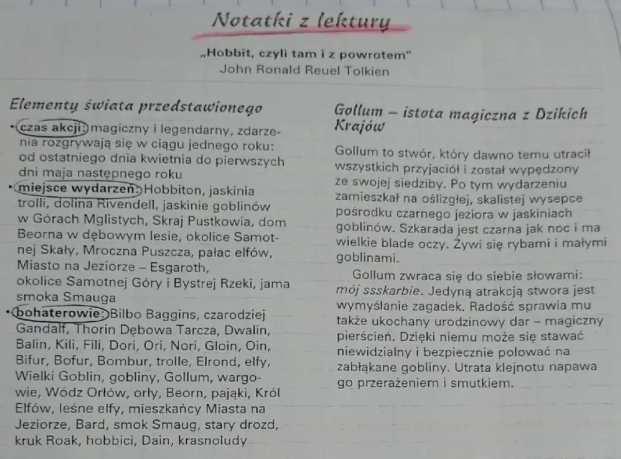 Notatki z lektury "Hobbit, czyli tam i z powrotem". Opis świata przedstawionego, w tym miejsc i bohaterów, oraz charakterystyka Golluma.