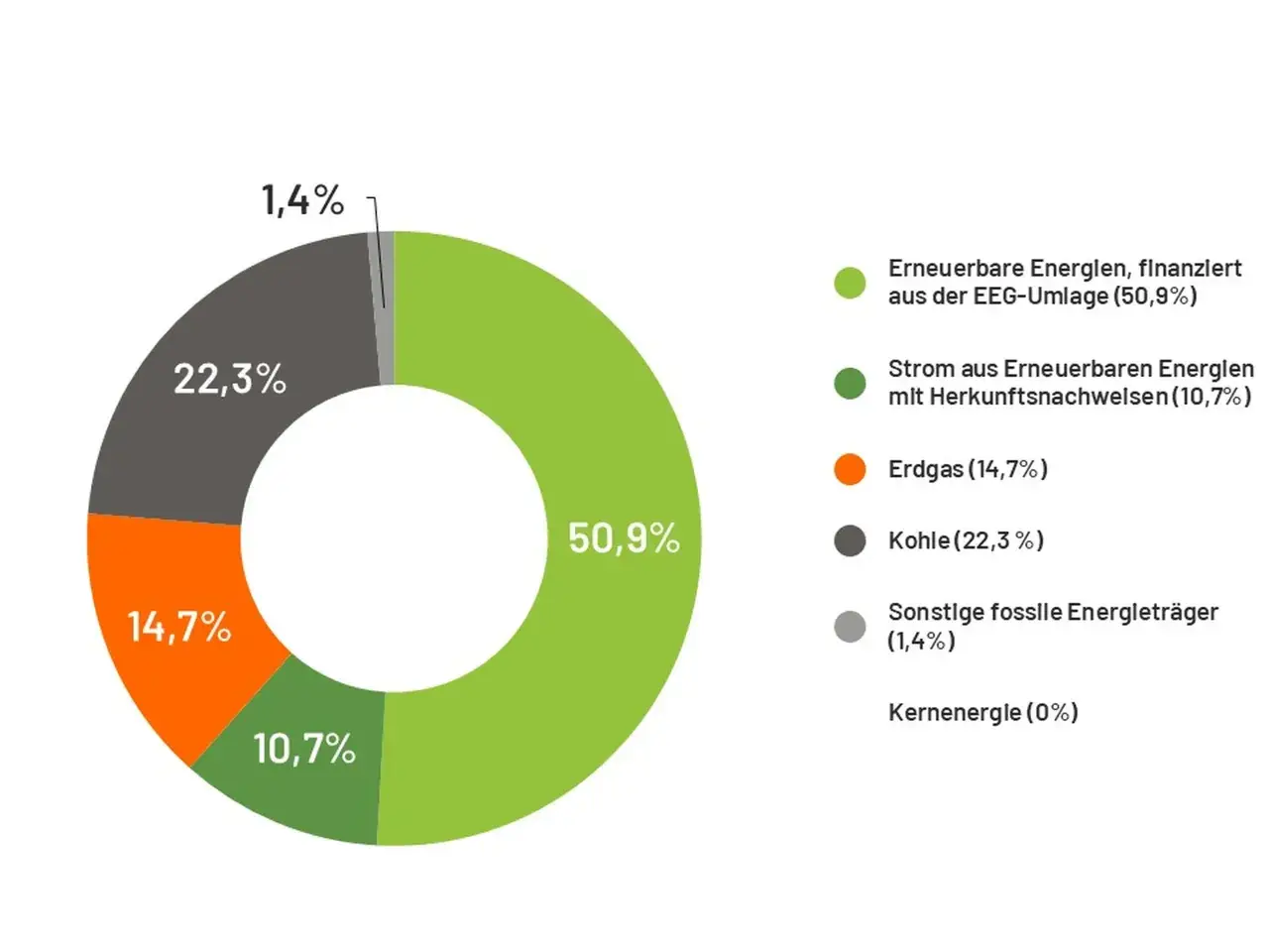 Kreisdiagramm zeigt, woher der Strom kommt: 50,9% aus erneuerbaren Energien (EEG-Umlage), 22,3% aus Kohle, 14,7% aus Erdgas.
