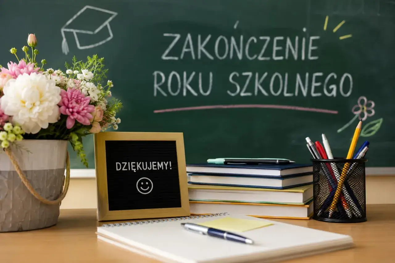 Kwiaty, tabliczka z napisem "DZIĘKUJEMY!" i uśmiechem, stos książek i przybory piśmiennicze na biurku. Na tablicy napis "ZAKOŃCZENIE ROKU SZKOLNEGO".