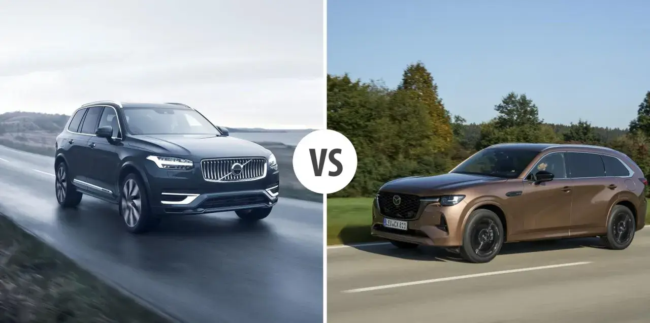 Porównanie Volvo XC90 i nowego SUV-a Mazda CX-60. Dwa luksusowe auta na drodze.
