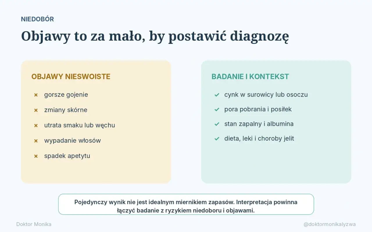 Niedobór cynku objawy: gorsze gojenie, zmiany skórne, utrata smaku/węchu, wypadanie włosów, spadek apetytu. Badania i kontekst.