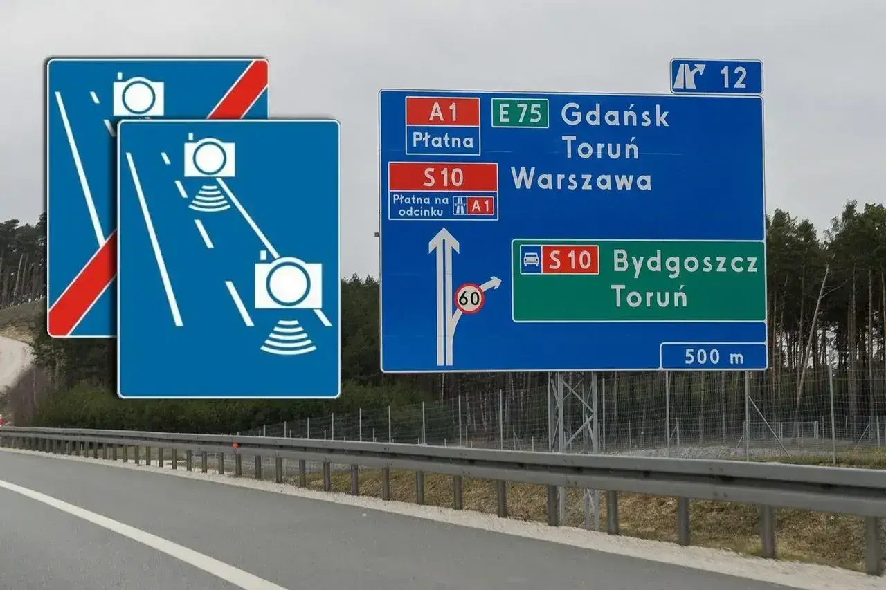 Znaki drogowe na autostradzie: kamery, kierunki do Gdańska, Torunia, Warszawy, Bydgoszczy. Ograniczenie 60 km/h.