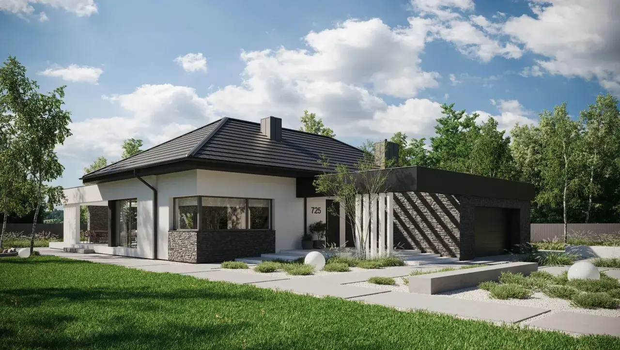 Nowoczesne projekty domów parterowych z poddaszem, z kamienną elewacją i dużymi przeszkleniami, otoczone zielenią.