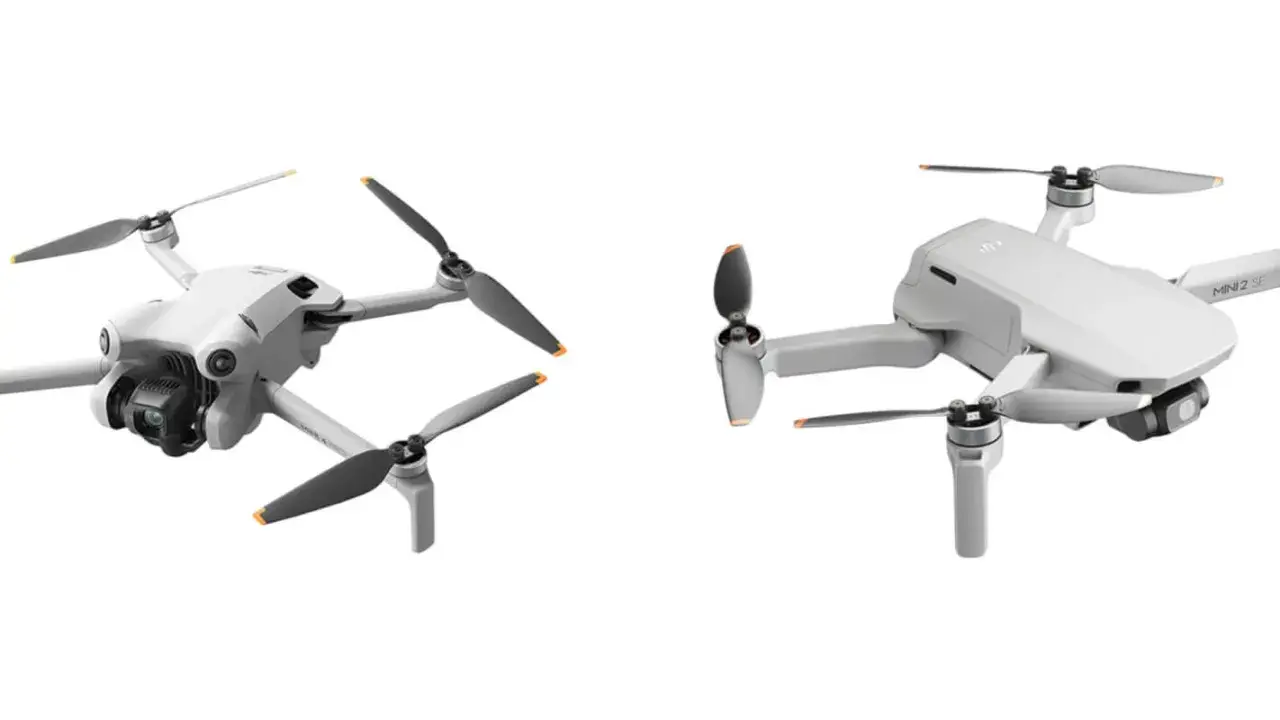 Porównanie dronów DJI: dwa białe modele Mini 3 Pro i Mini 2 SE z rozłożonymi śmigłami na białym tle.