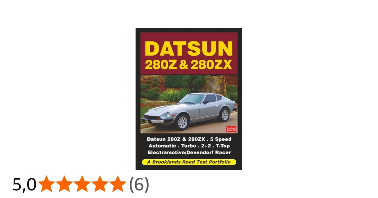 Okładka książki z Datsun 280Z i 280ZX, prezentująca srebrny samochód sportowy na tle krajobrazu.