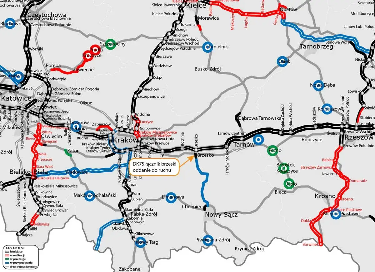 Trasa kolejowa w okolicach Nowego Sącza, z zaznaczonymi odcinkami istniejącymi i w realizacji.