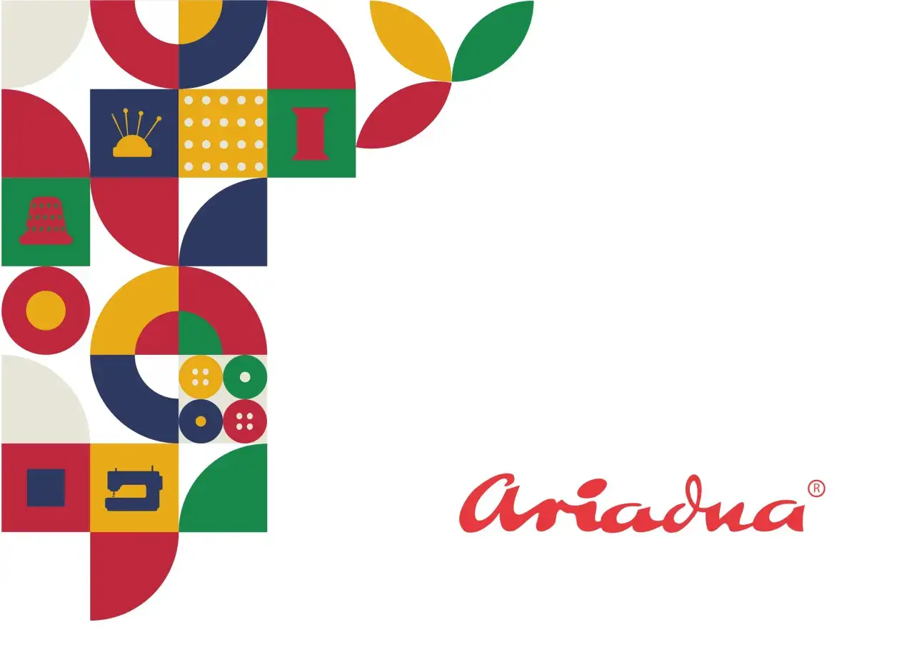 Geometryczny wzór z motywami krawieckimi: naparstek, szpulka, guziki, maszyna do szycia. Logo Ariadna.