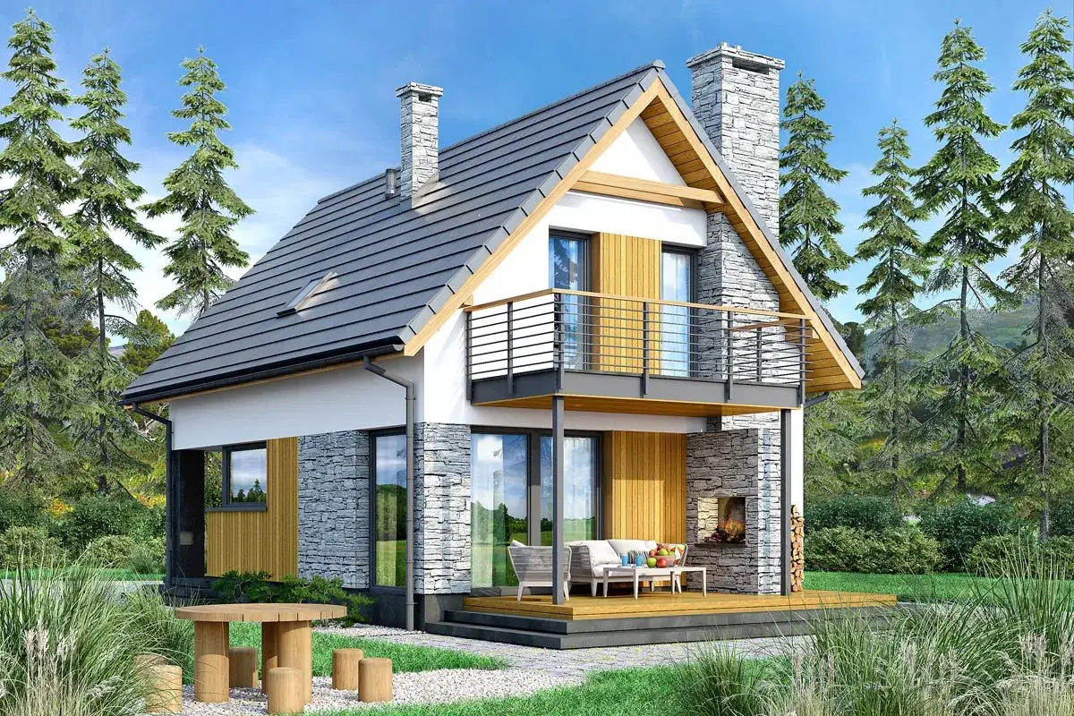 Nowoczesny projekt domu 70m2 z kamiennymi akcentami i drewnianym tarasem. Idealny na wypoczynek wśród zieleni.