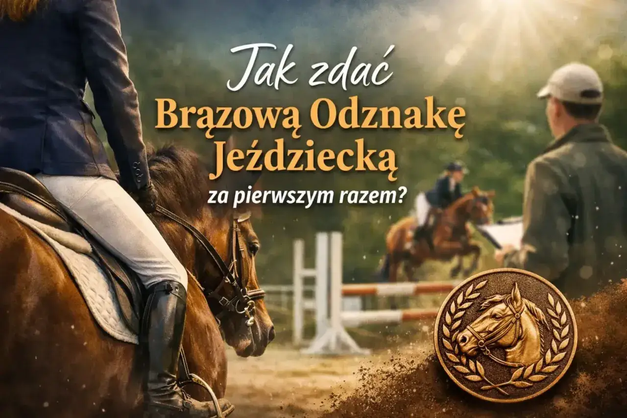 Brązowa odznaka jeździecka z wizerunkiem konia w wieńcu laurowym. W tle jeźdźcy i przeszkody.