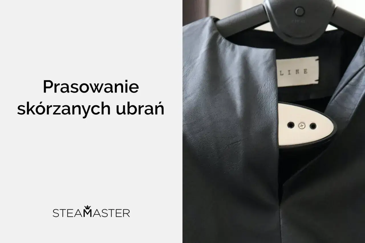 Jak wyprasować skórę? Czarna skórzana kurtka na wieszaku, obok parownica Steamaster.