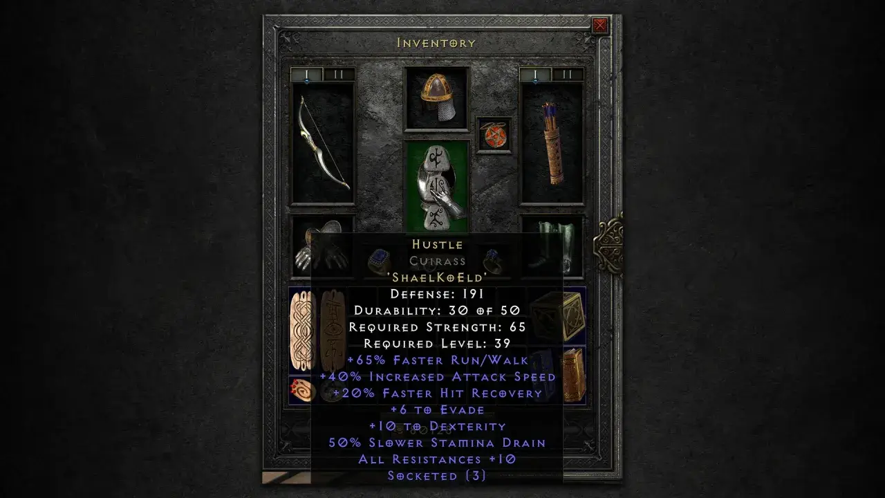 Zbroja "Hustle" z runami w Diablo 2. Szybkość, zwinność i odporność dla bohatera.