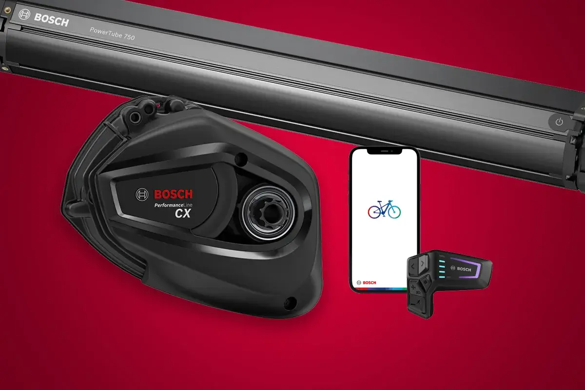 Silnik Bosch Performance Line CX, bateria PowerTube 750, smartfon z aplikacją rowerową i pilot sterujący.