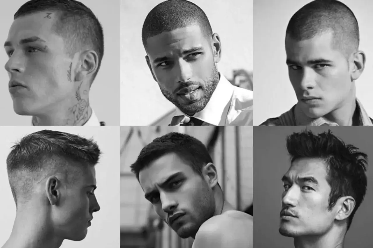 Sześciu mężczyzn z różnymi fryzurami, w tym klasyczny crew cut, prezentuje swoje profile.