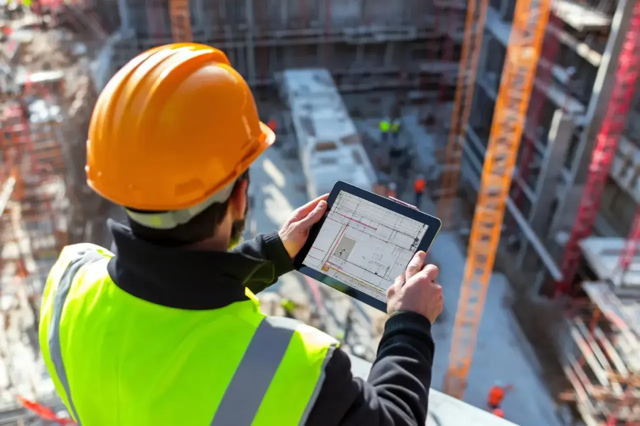 Ingeniero con casco naranja y chaleco reflectante revisa planos en tablet. Asegura el control de calidad en construcción.