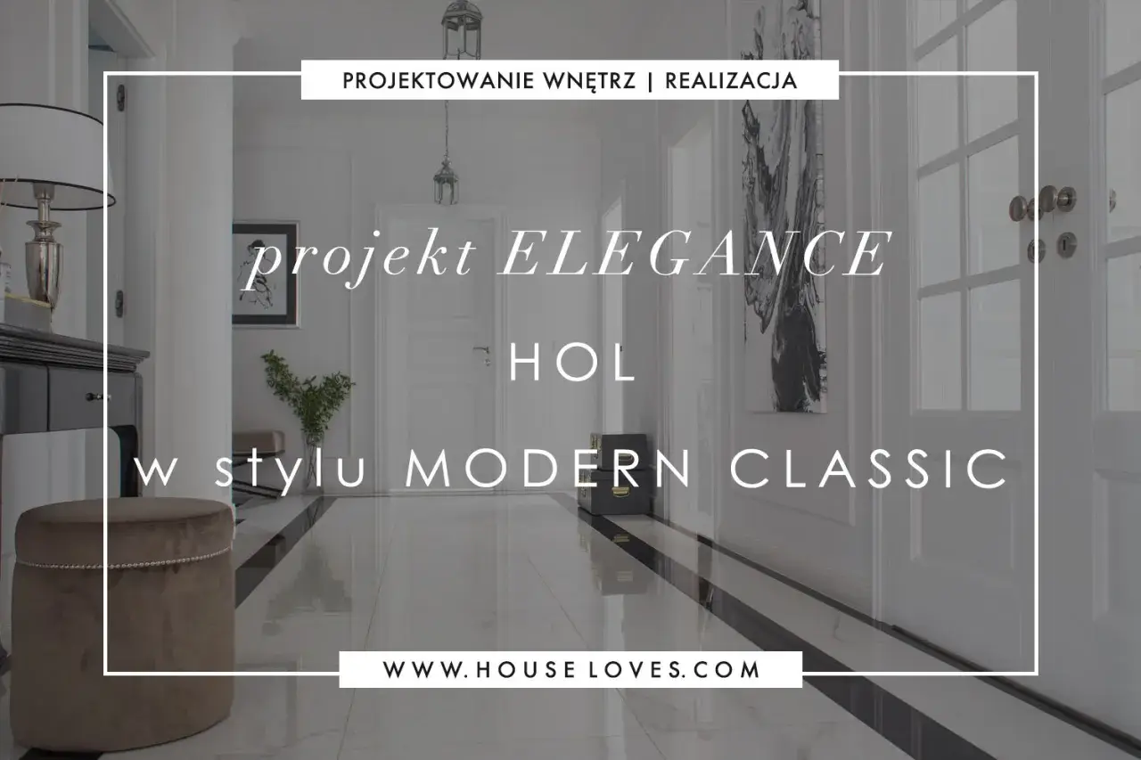 Elegancki przedpokój modern classic z błyszczącą podłogą, lustrzaną komodą i aksamitnym pufem.