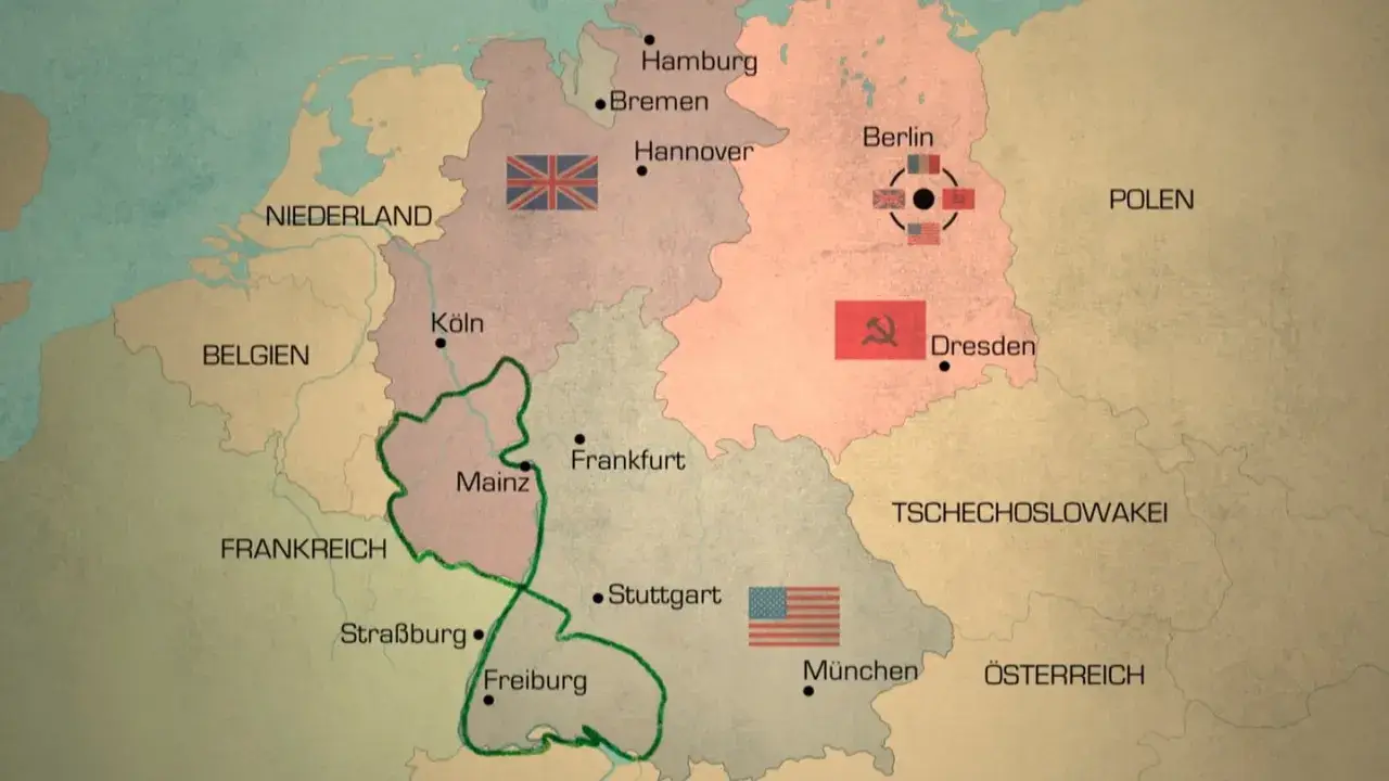 Karte zeigt die Besatzungszonen Deutschlands nach dem Zweiten Weltkrieg. Berlin ist geteilt.