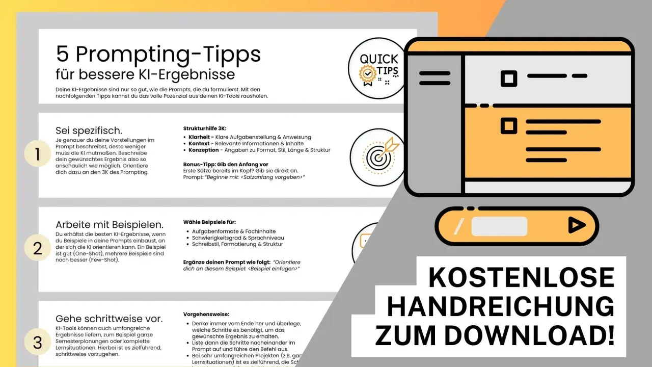 5 Tipps für bessere KI-Ergebnisse, die wie ein Unterrichtsentwurf aufgebaut sind. Lerne, wie du mit spezifischen Prompts und Beispielen das volle Potenzial von KI-Tools ausschöpfst.