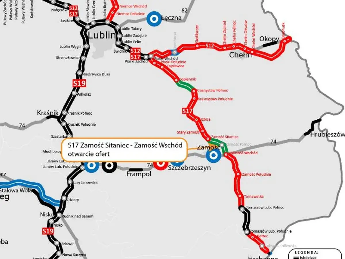 Mapa przebiegu drogi S17 od Zamościa Sitaniec do Zamościa Wschód, z zaznaczonym otwarciem ofert.