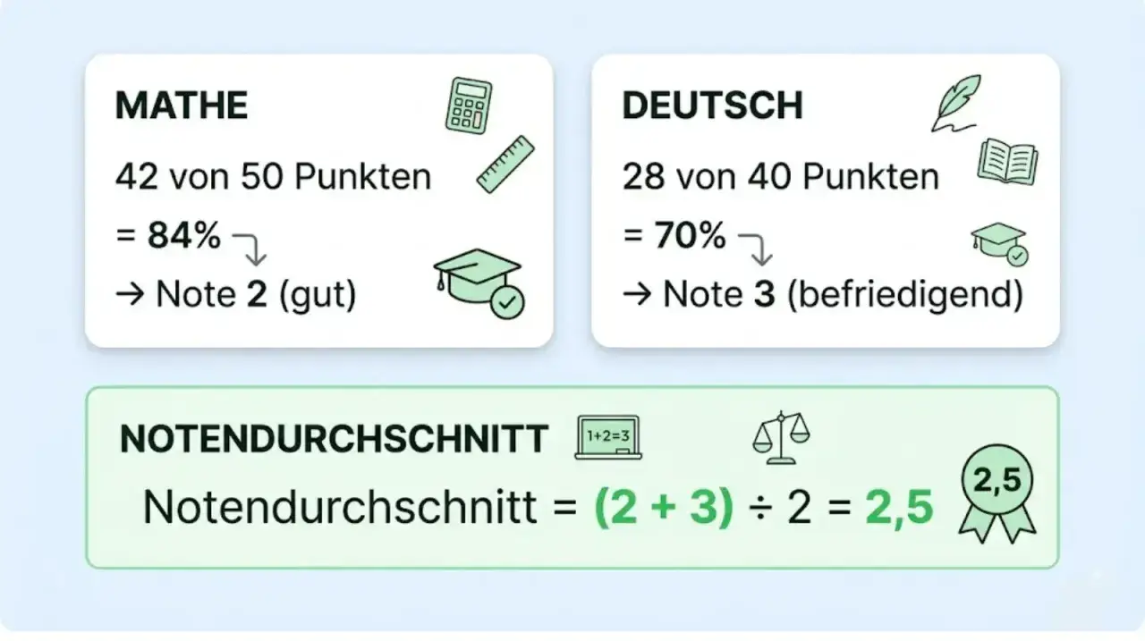 Zwei Karten zeigen Notenberechnungen für Mathe und Deutsch, darunter die Formel für den Notendurchschnitt.