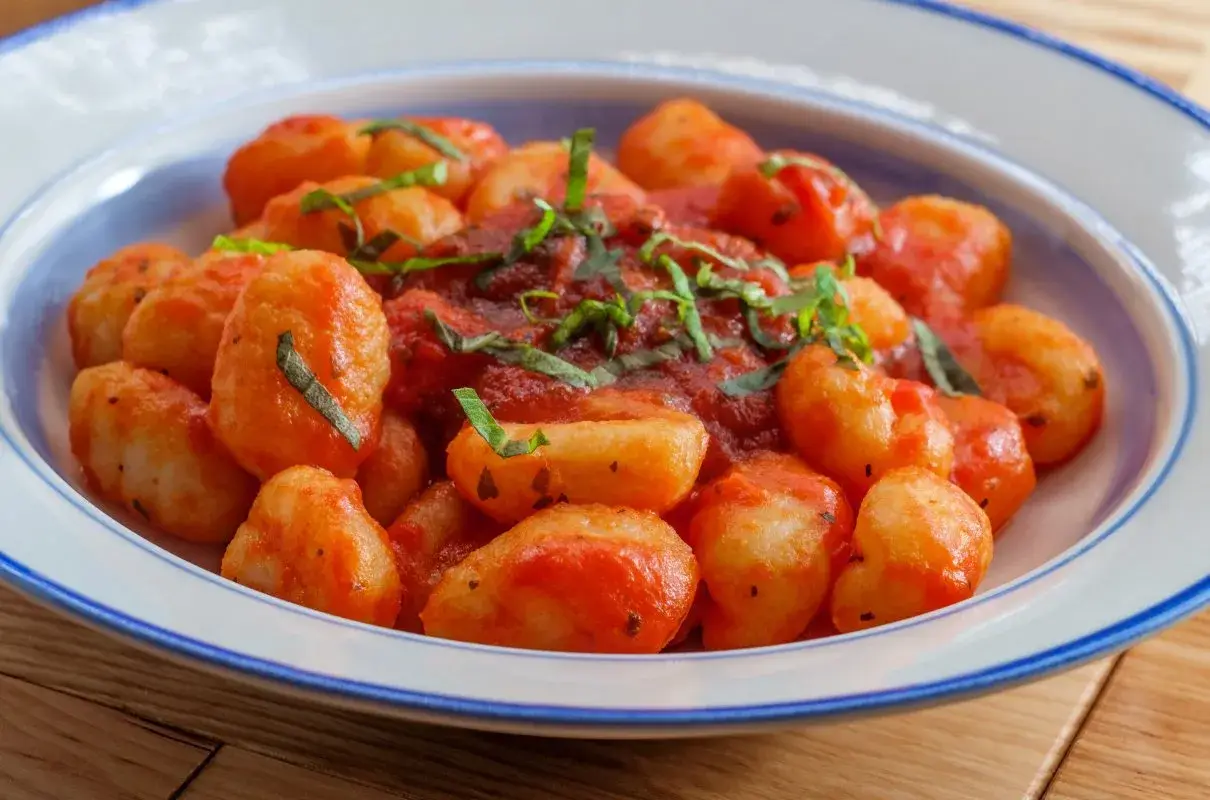 Pyszne gnocchi w sosie pomidorowym, posypane świeżą bazylią, podane w niebiesko-białej misce.