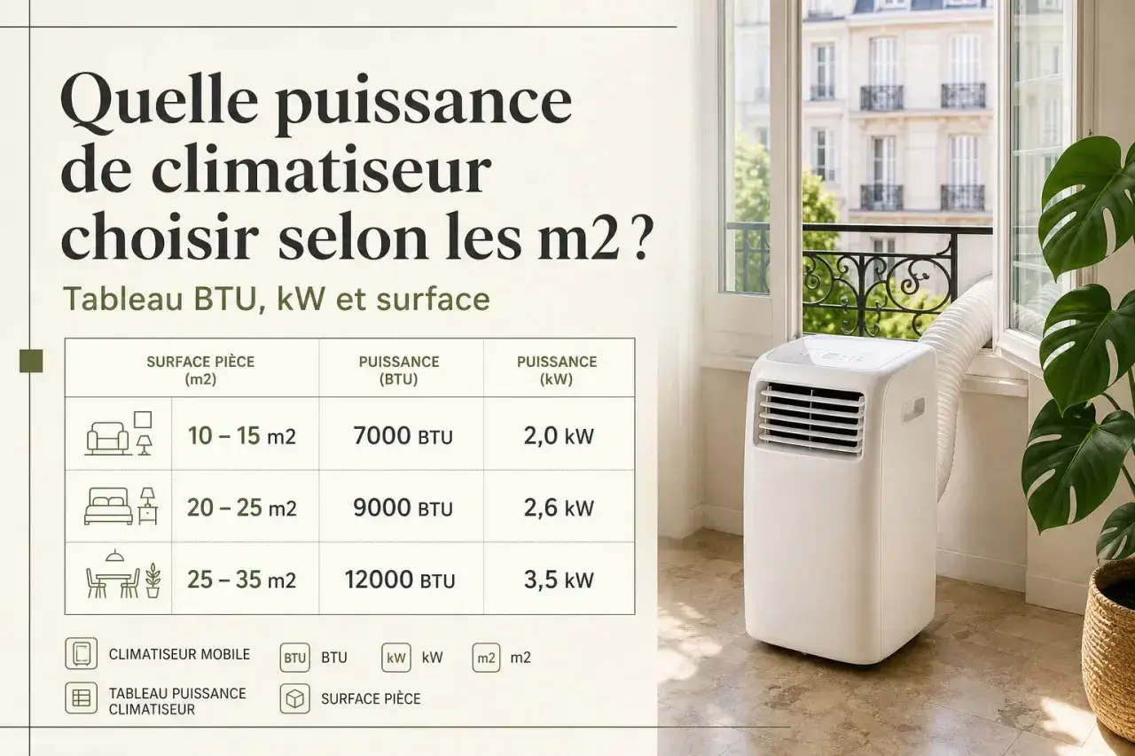 Tableau de puissance climatiseur indiquant les BTU et kW nécessaires selon la surface de la pièce. Un climatiseur mobile est visible.