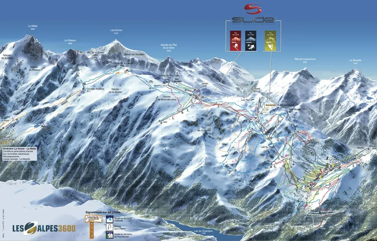 Mapa narciarska Les Deux Alpes z zaznaczonymi trasami, wyciągami i szczytami. Widok górski z lodowcami i jeziorami.